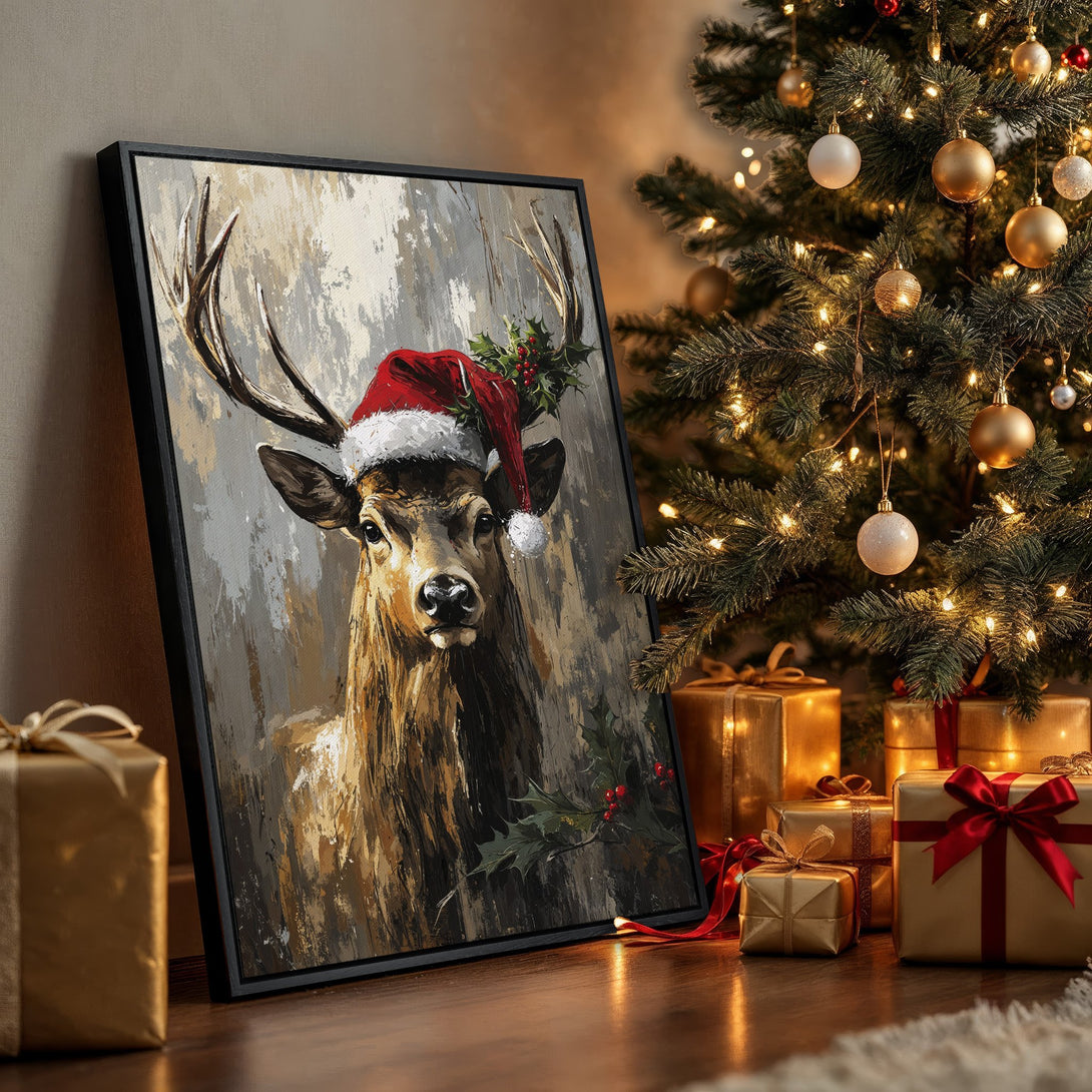 Framed Wall Art: Festive deer in a Santa hat. Textured art in warm browns, grays, and red. Perfect Christmas decor!