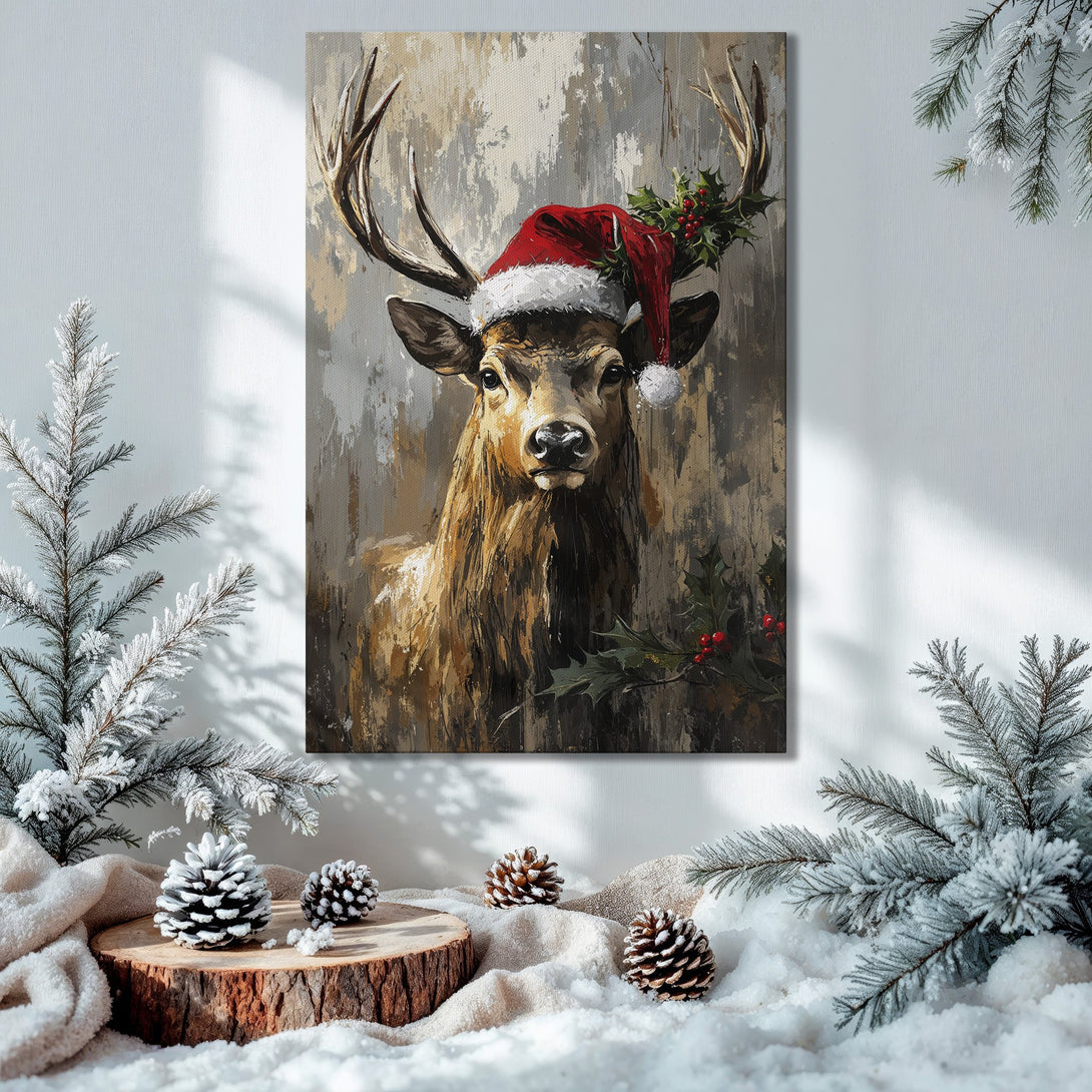 Framed Wall Art: Festive deer painting in warm tones. Rustic Christmas decor with a cozy, inviting feel. Perfect holiday gift!