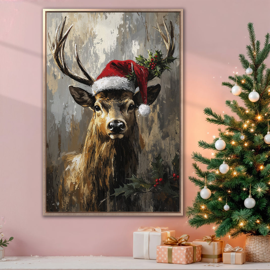Framed Wall Art: Festive deer wearing Santa hat. Rustic, painterly style with warm brown, gray, and red hues. Perfect Christmas decor for your home.