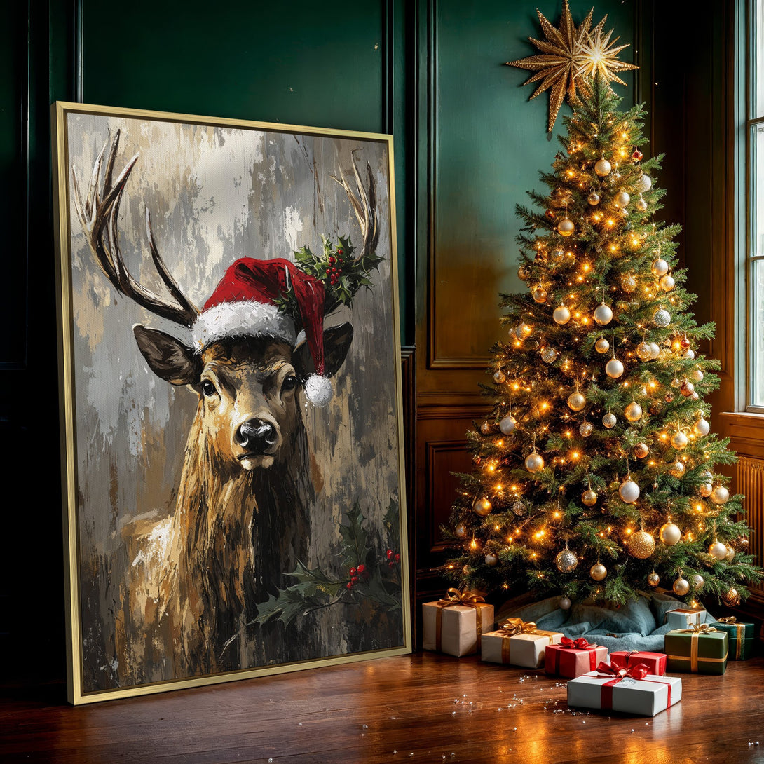 Canvas Print featuring a festive deer in a Santa hat, oil painting style with warm brown and grey tones, perfect Christmas wall art.