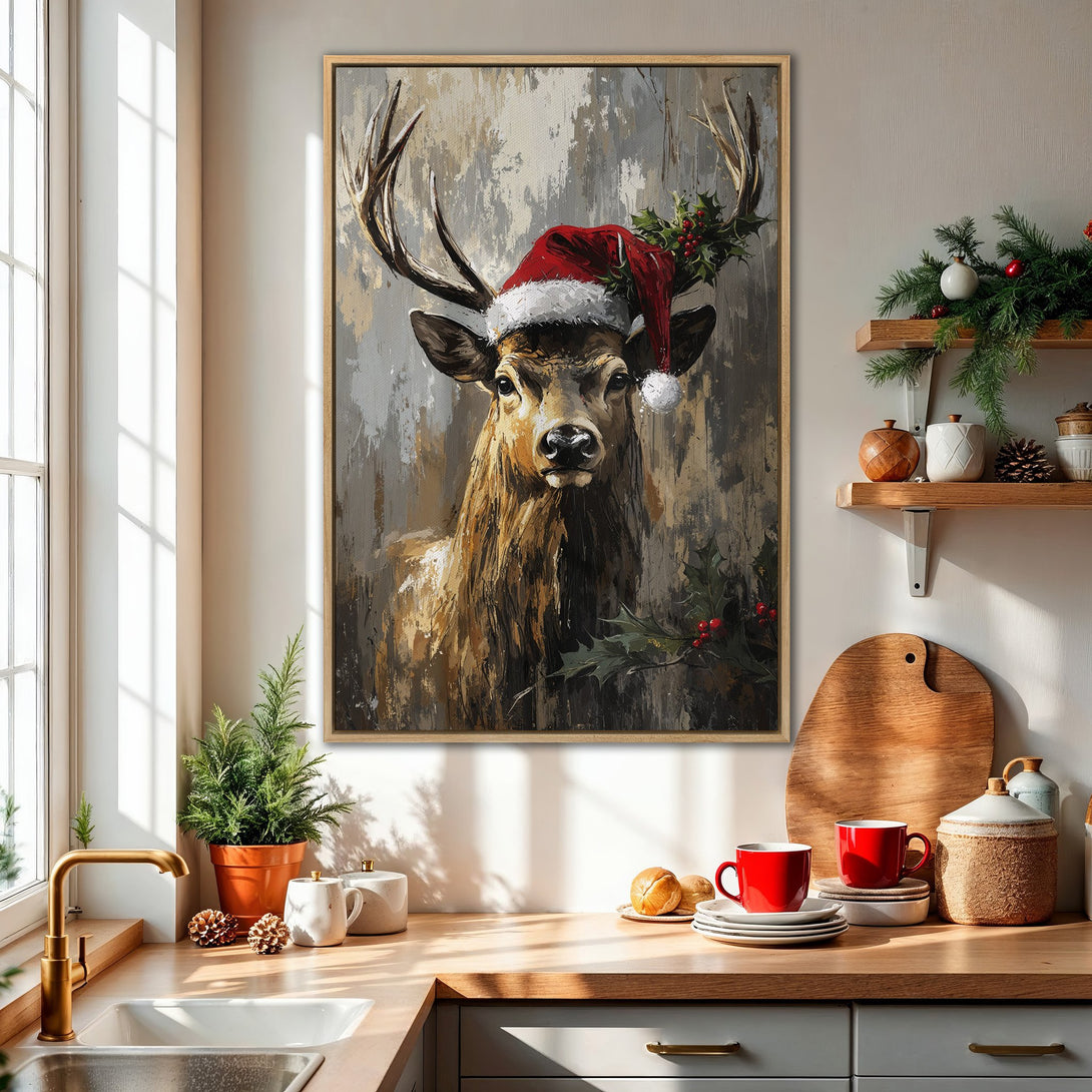Framed Wall Art: Festive deer in Santa hat. Rustic style with warm brown, gray, and red tones. Perfect Christmas decor for your home!