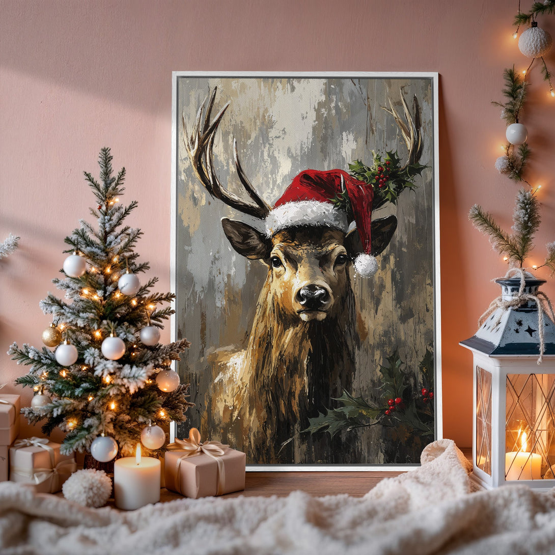 Framed Wall Art: Festive deer in Santa hat, abstract style, warm brown, gray, and red palette. Perfect Christmas decor for your home!