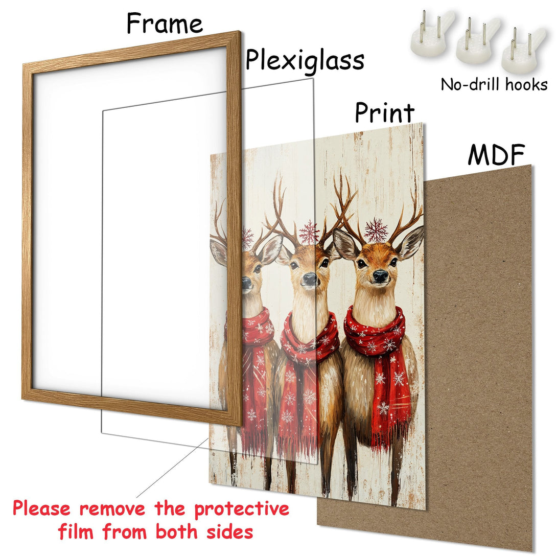 Framed Poster featuring three deer with red scarves, rustic style, warm brown and red color palette. Perfect holiday decor!
