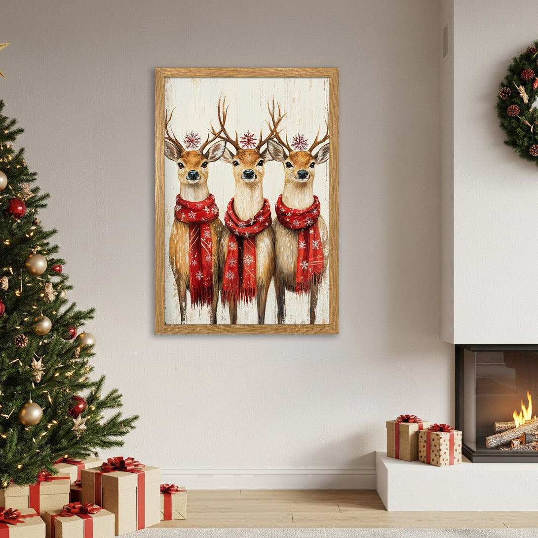 Framed Poster featuring three festive reindeer in red scarves, perfect for Christmas decor. Warm, inviting color palette.