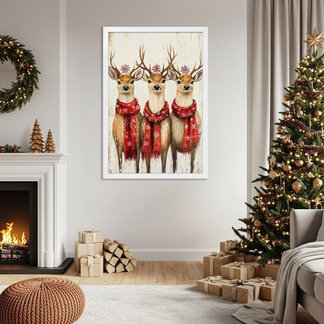 Framed Poster of festive deer in red scarves, a cozy Christmas art print. Warm, neutral color palette. Perfect holiday decor!