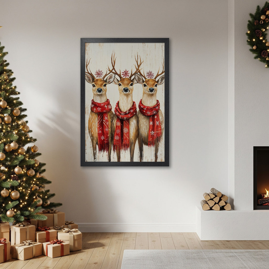 Framed Poster featuring three deer with red scarves, rustic style, warm color palette for Christmas decor.
