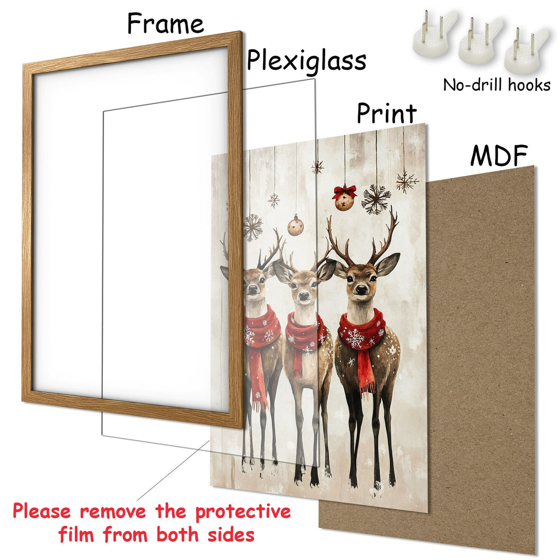 Framed Poster featuring watercolor deer with red scarves, rustic style, warm neutral and red color palette. Perfect holiday decor!