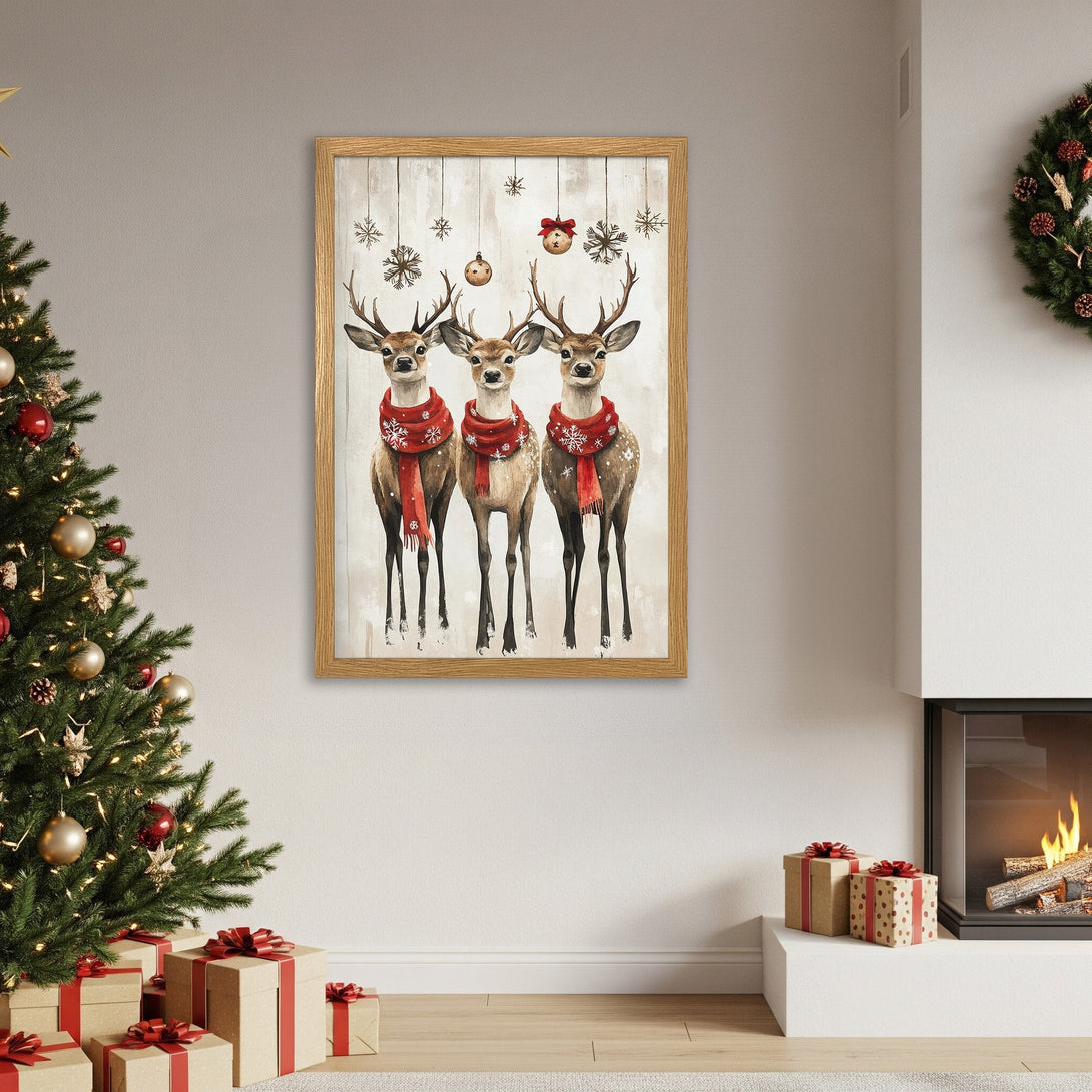 Framed Poster featuring watercolor deer in red scarves, perfect for Christmas decor. Warm, neutral palette.
