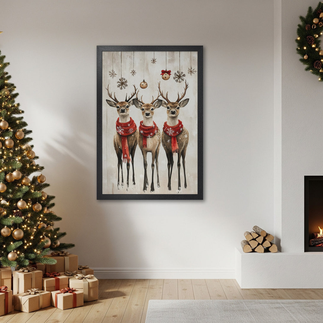 Framed Poster featuring watercolor reindeer with red scarves, perfect Christmas decor, neutral color palette.