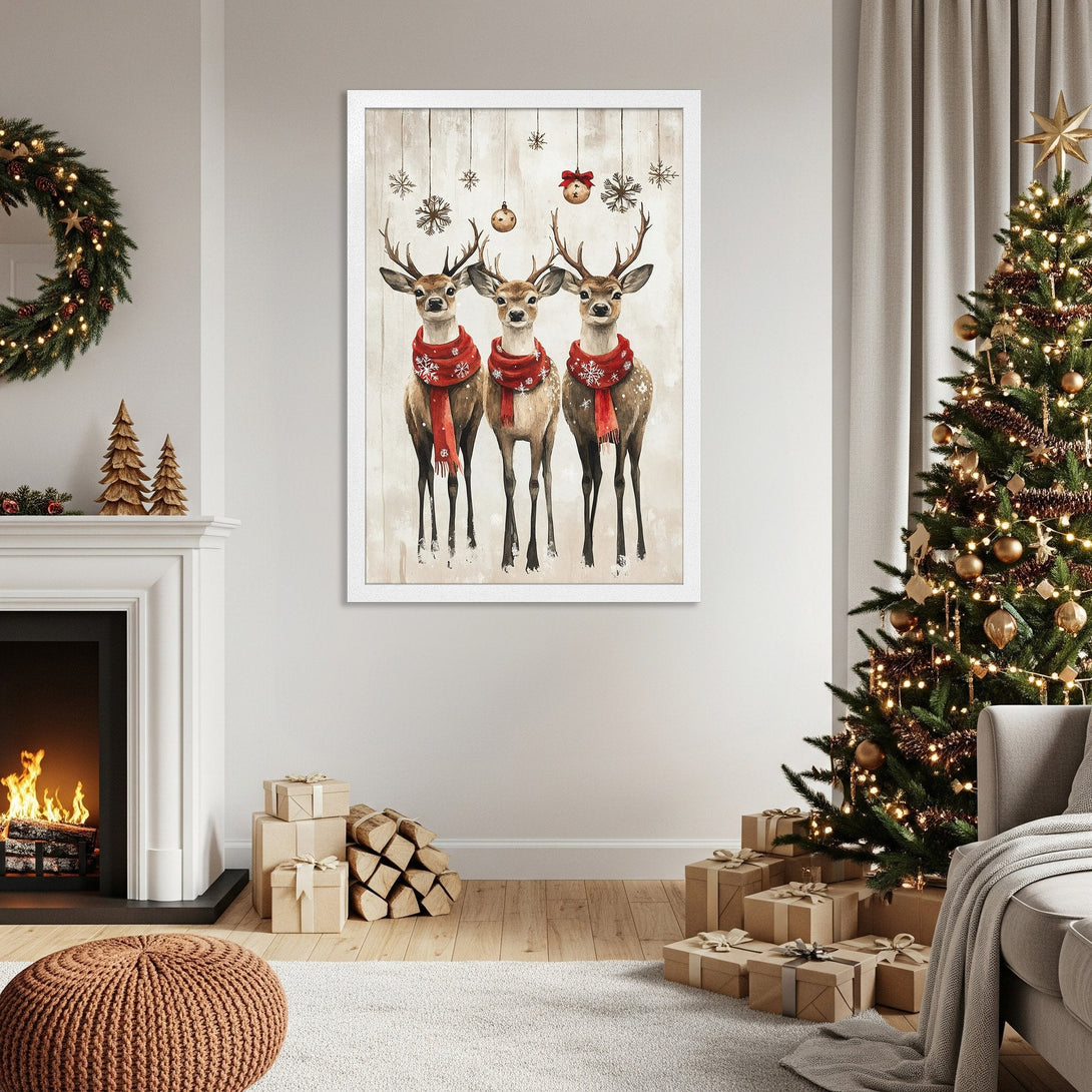 Framed Poster featuring watercolor deer with red scarves, perfect for Christmas decor. Neutral palette.