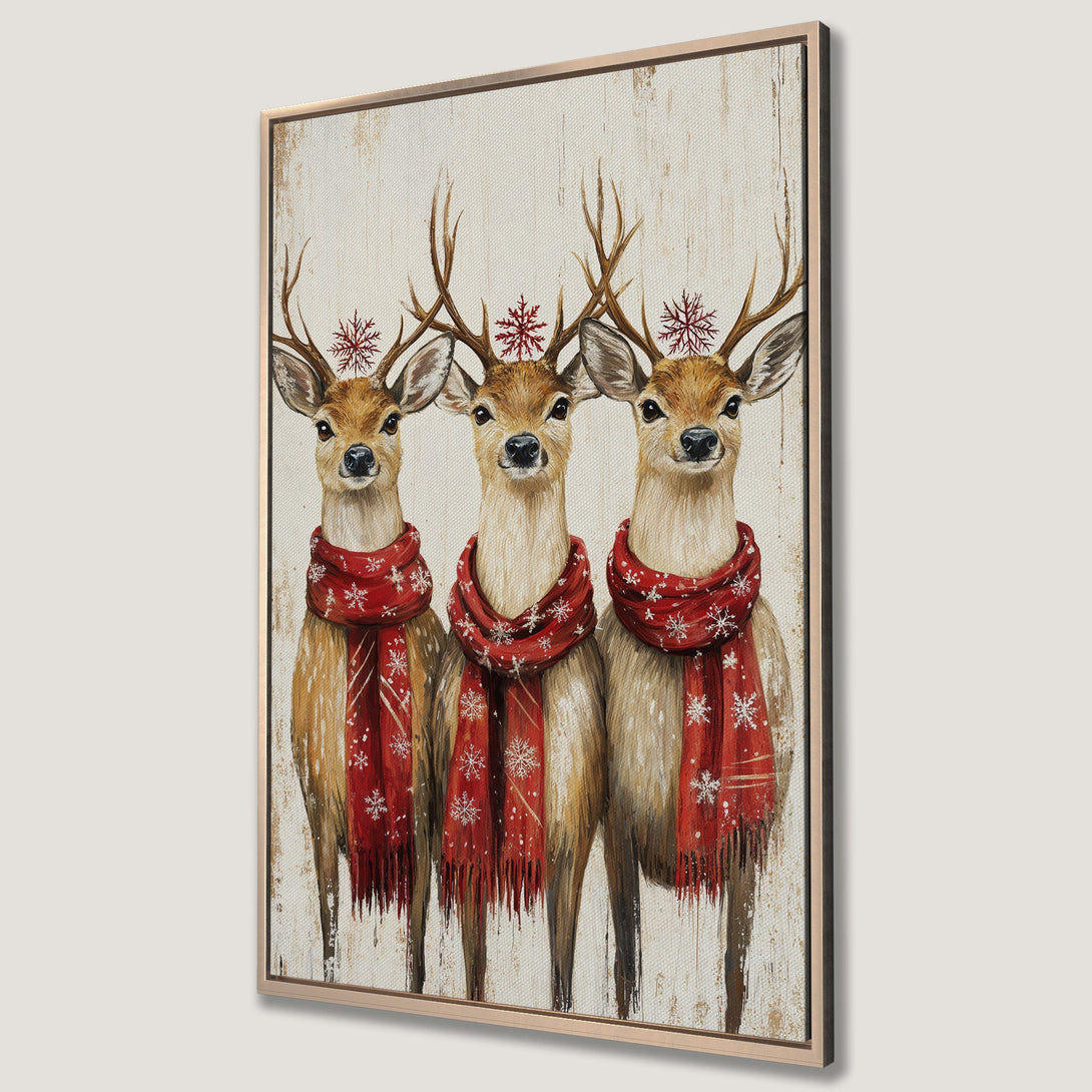 Framed Wall Art: Festive deer painting with red scarves and snowflakes on a neutral background. Warm, inviting color palette for holiday decor.