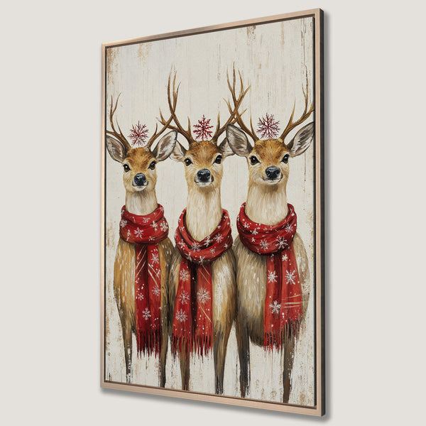 Framed Wall Art: Festive deer painting with red scarves and snowflakes on a neutral background. Warm, inviting color palette for holiday decor.