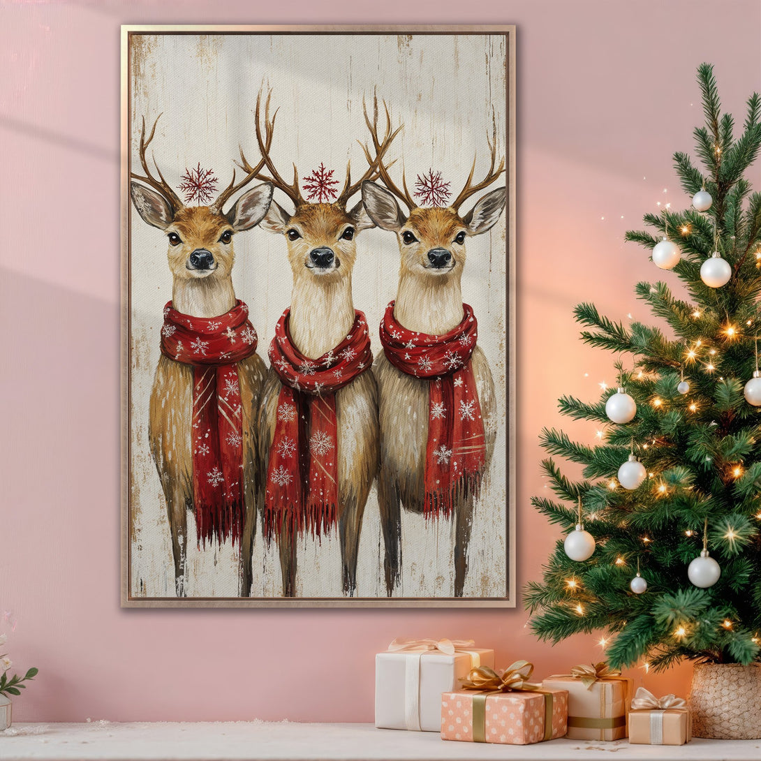 Framed Wall Art featuring charming deer in red scarves, perfect for Christmas decor. Rustic style with a warm, festive color palette.