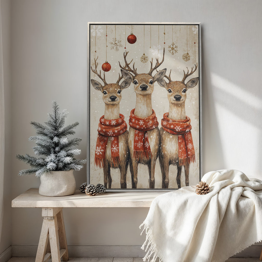 Framed Wall Art: Watercolor reindeer with red scarves, festive holiday decor. Neutral color palette with pops of red. Perfect Christmas art.