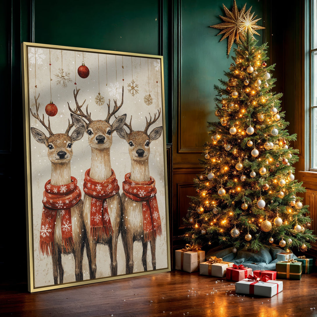 Canvas Print featuring three reindeer in red scarves, a cozy winter scene. Neutral background with warm, inviting colors. Perfect for holiday decor!