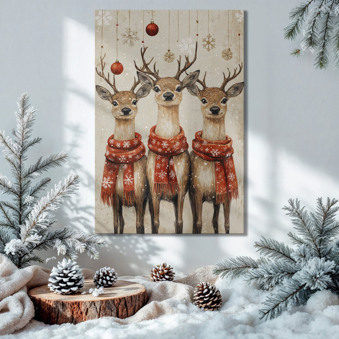 Framed Wall Art: Festive watercolor deer print with red scarves. Warm, inviting color palette perfect for holiday decor. Shop now!