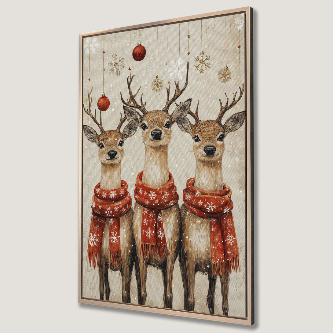 Framed Wall Art featuring three reindeer in red scarves. Watercolor style, warm neutral and red color palette. Perfect Christmas decor.