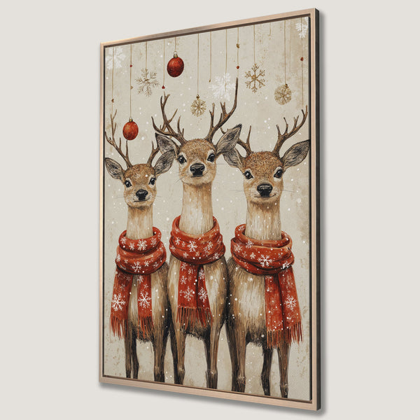 Framed Wall Art featuring three reindeer in red scarves. Watercolor style, warm neutral and red color palette. Perfect Christmas decor.