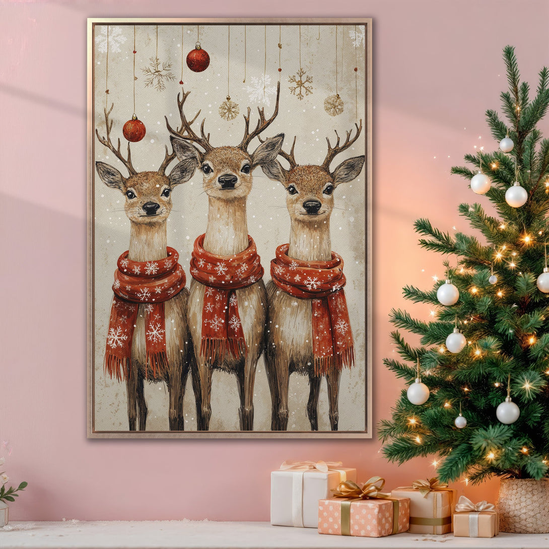Framed Wall Art: Festive watercolor painting of three deer in red scarves. Warm, inviting color palette perfect for Christmas decor.
