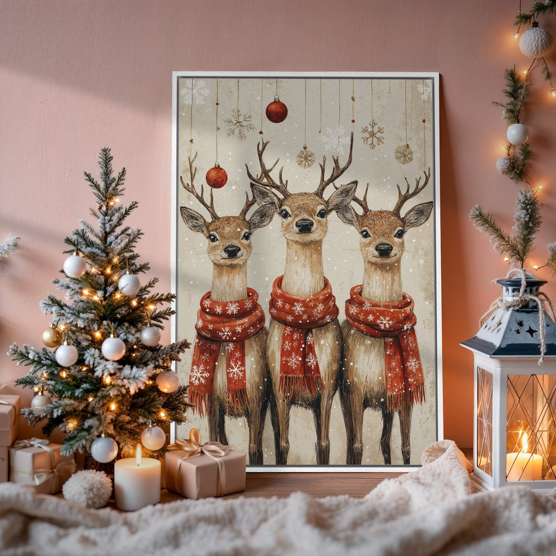 Framed Wall Art: Festive reindeer canvas print in warm tones. Perfect holiday decor! Featuring a cozy Christmas scene with red, brown, and beige hues.