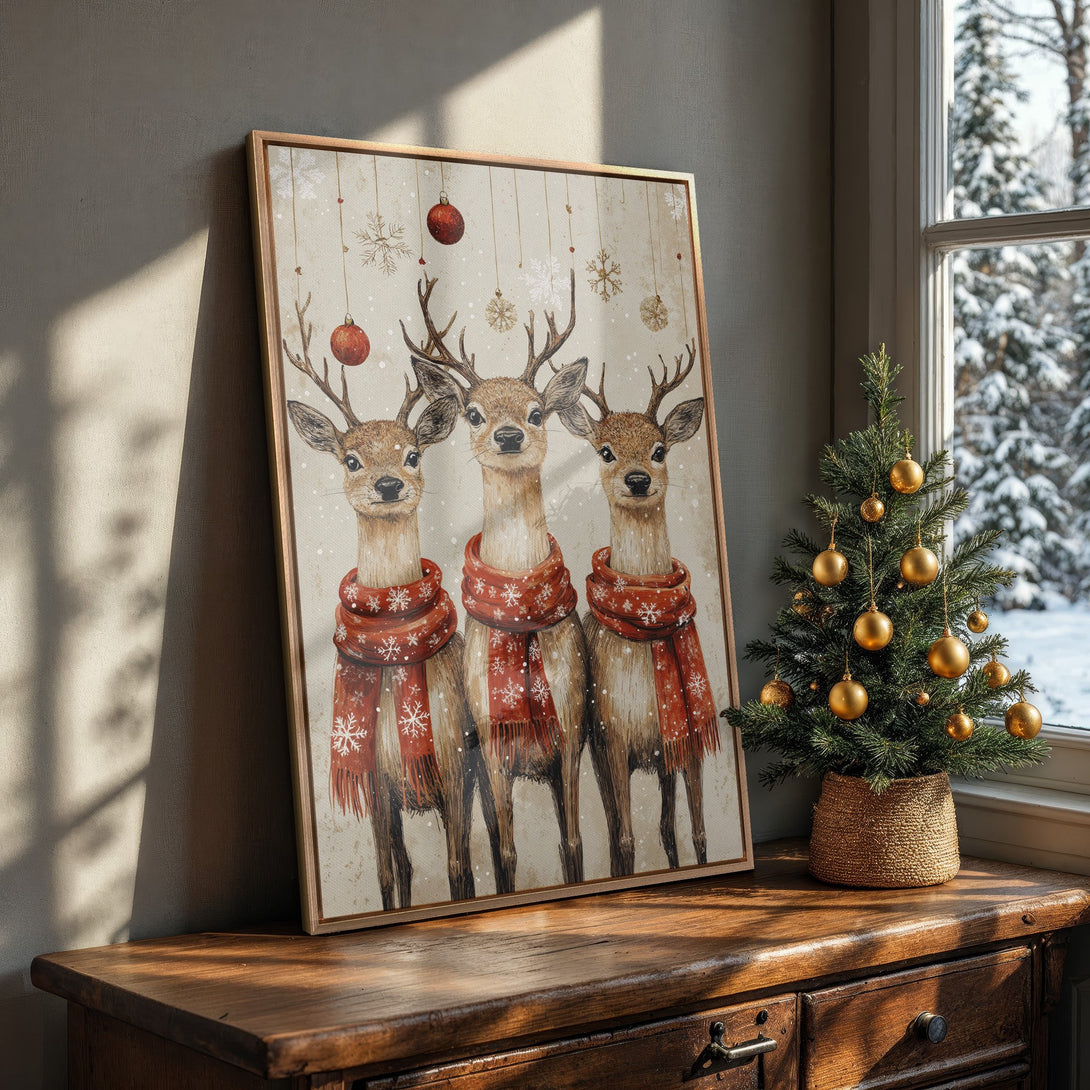 Framed Wall Art: Watercolor reindeer in red scarves, festive Christmas decor. Warm, neutral color palette. Perfect holiday art for your home.