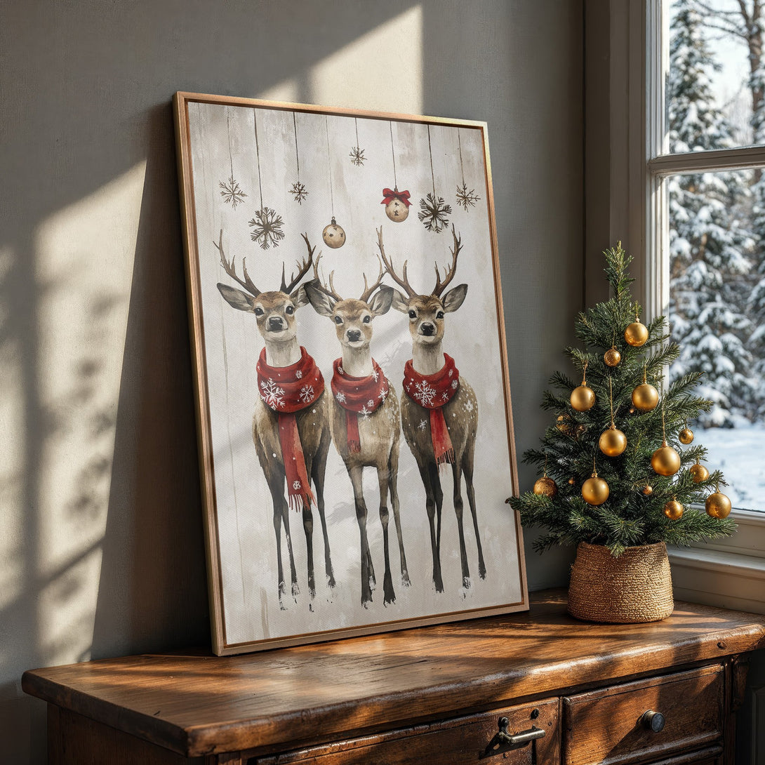 Framed Wall Art featuring watercolor deer with red scarves. Rustic style, neutral and warm color palette. Perfect for holiday decor.