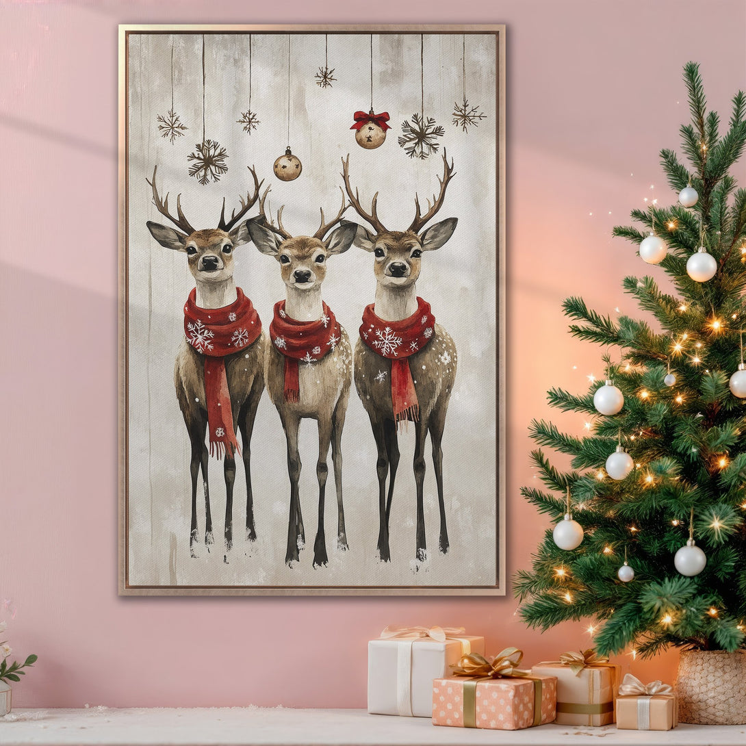 Framed Wall Art: Watercolor painting of three reindeer in red scarves. Rustic style, neutral and red color palette, perfect Christmas decor.