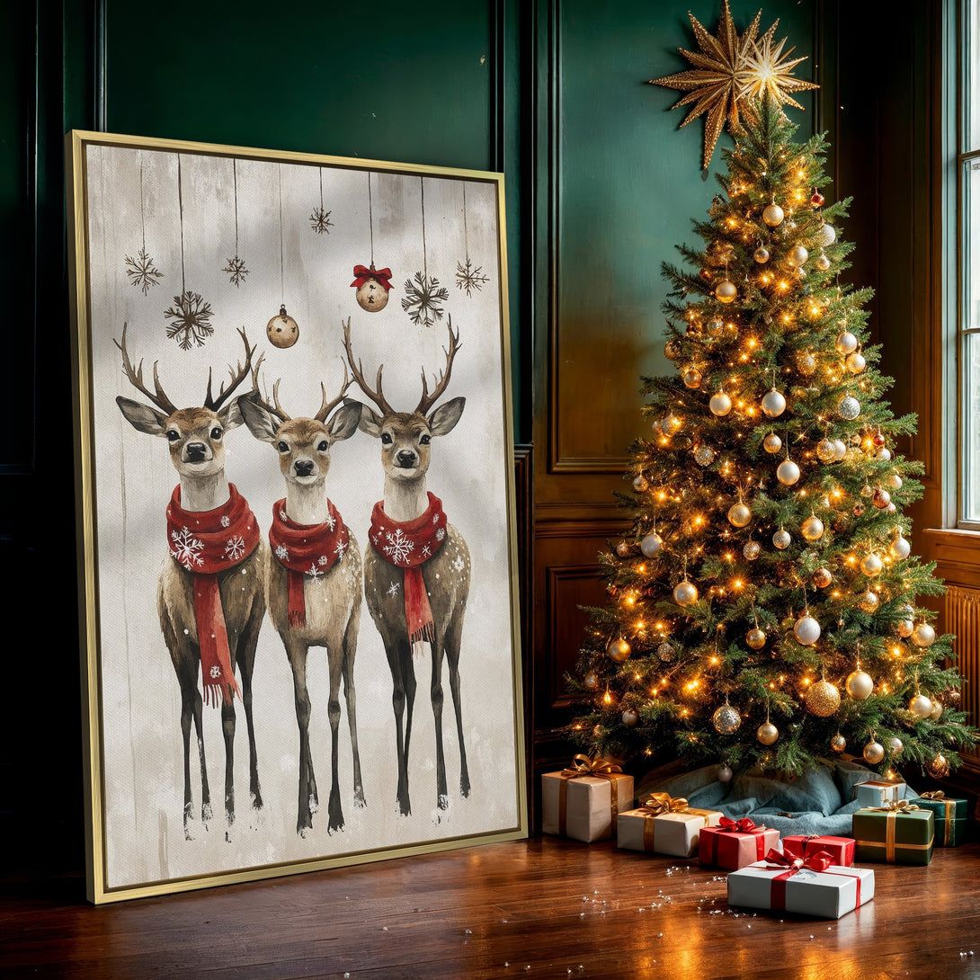 Canvas Print featuring watercolor deer in red scarves, a festive winter scene. Neutral color palette, perfect for holiday decor.