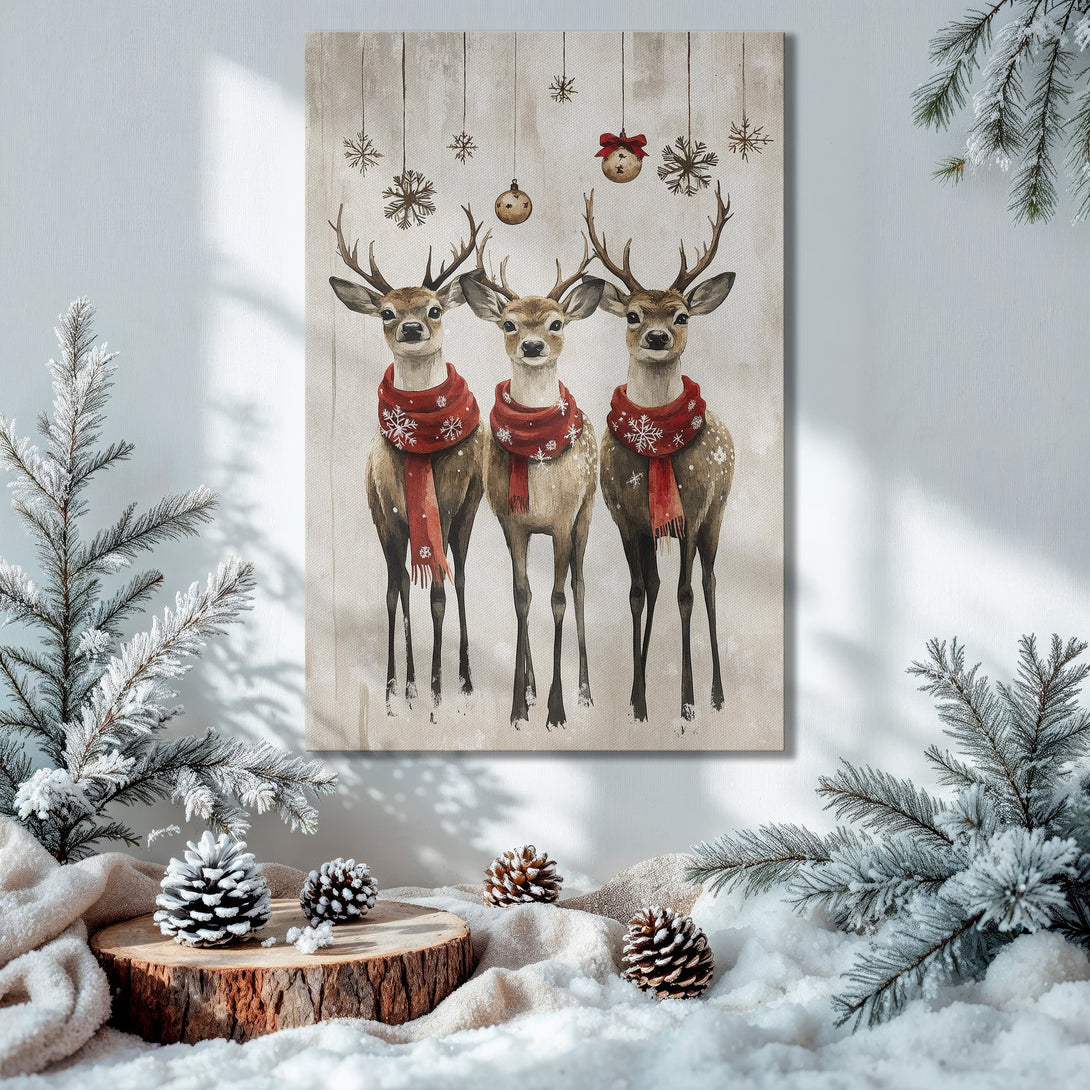 Framed Wall Art: Watercolor reindeer in red scarves, Christmas decor. Warm, inviting color palette. Perfect holiday gift!
