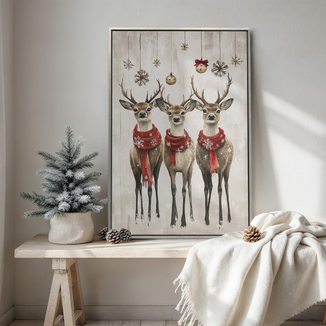 Framed Wall Art featuring watercolor deer with red scarves in a rustic style. Neutral color palette with warm accents, perfect for Christmas decor.