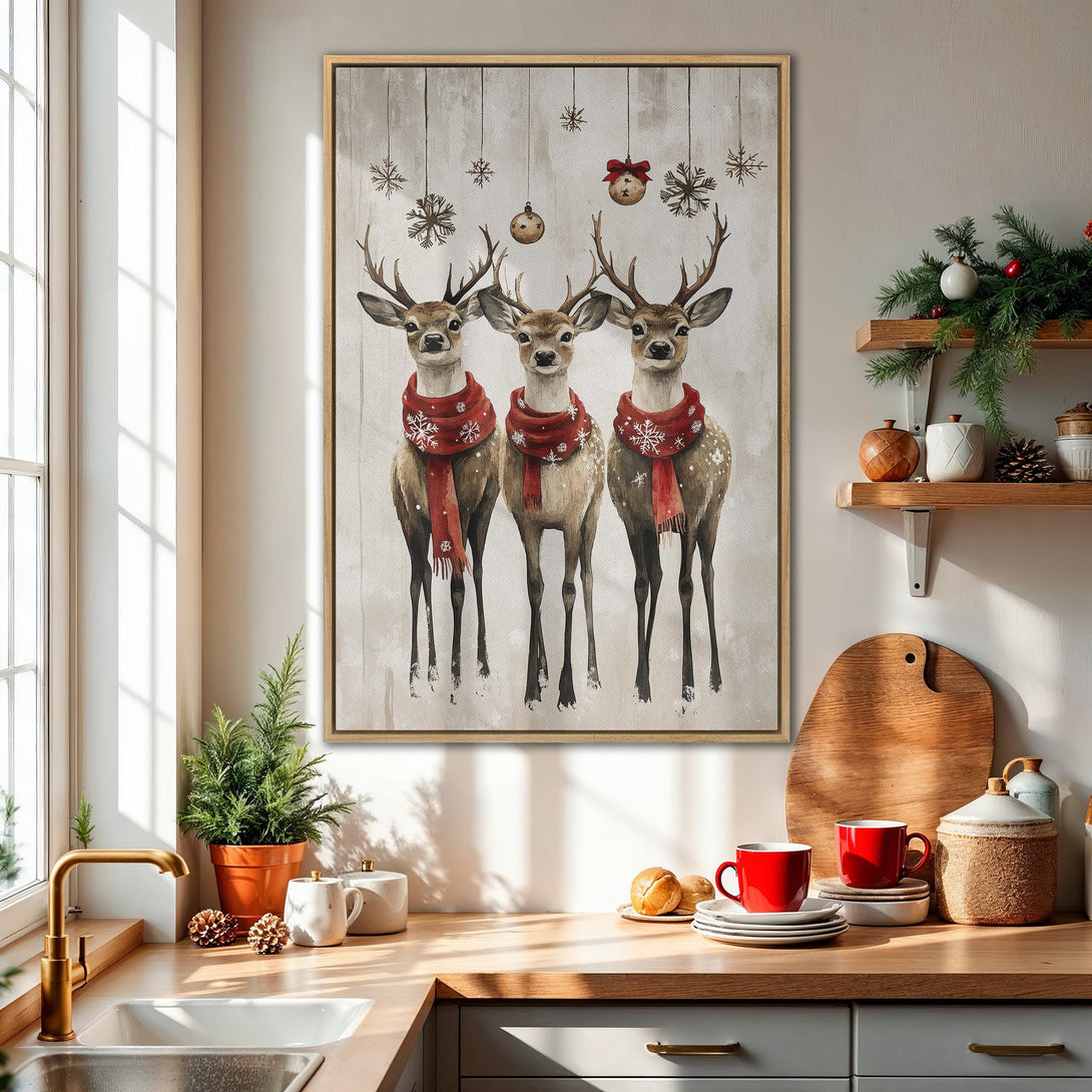 Framed Wall Art featuring watercolor reindeer in red scarves. Rustic style, neutral color palette with pops of red. Perfect Christmas decor!