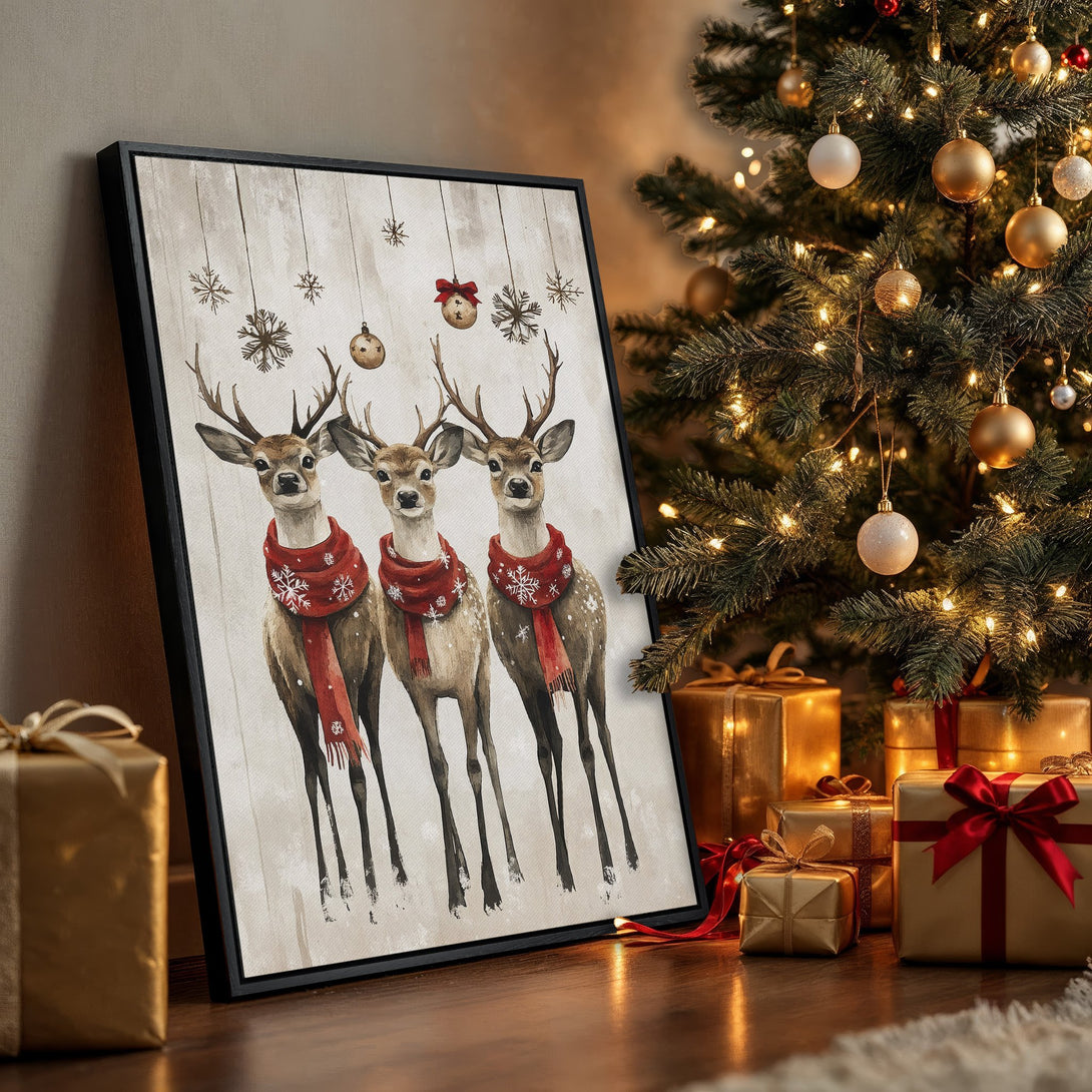 Framed Wall Art: Watercolor reindeer with red scarves, a festive holiday canvas print in warm brown and red tones. Perfect Christmas decor!