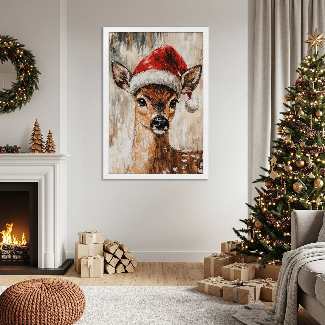 Framed Poster of a deer in a Santa hat. Warm, neutral color palette. Perfect Christmas decor!