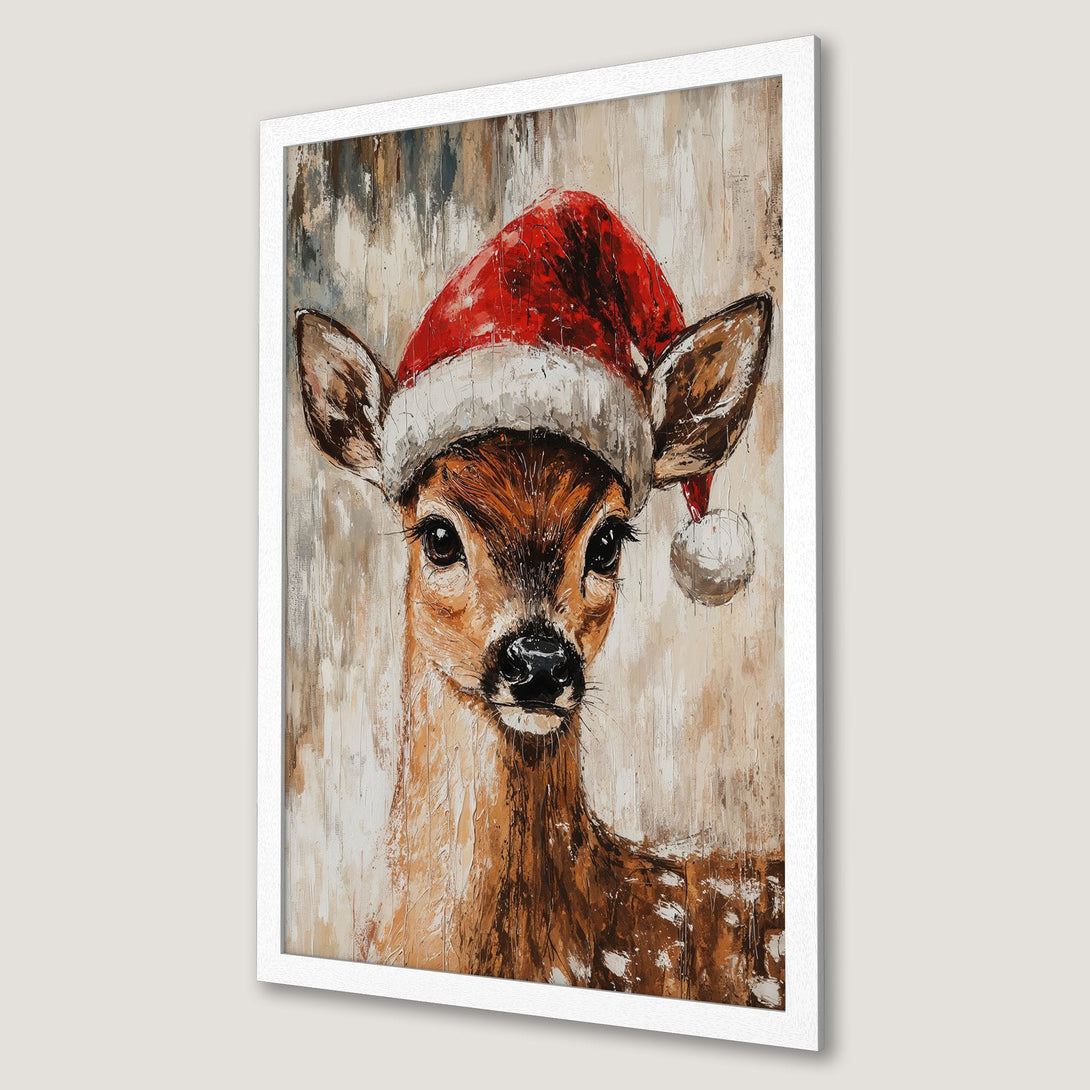 Framed Poster of a deer in a Santa hat, oil painting style with warm brown, red, and neutral tones. Perfect Christmas decor!