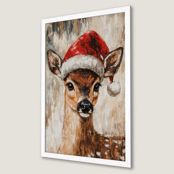 Framed Poster of a deer in a Santa hat, oil painting style with warm brown, red, and neutral tones. Perfect Christmas decor!