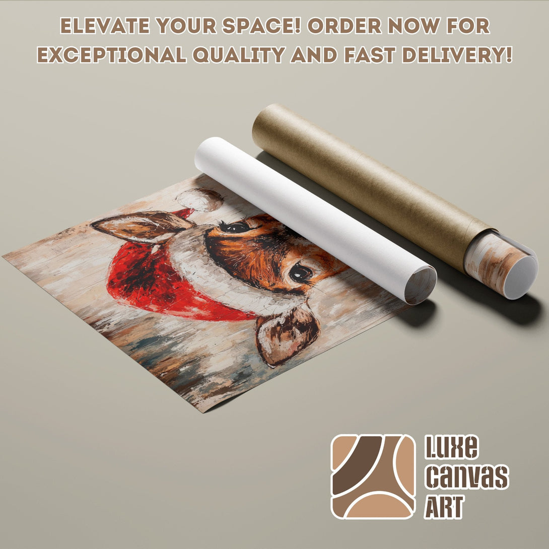 Poster Roll featuring a cow in a Santa hat, abstract style, warm color palette. Order now!