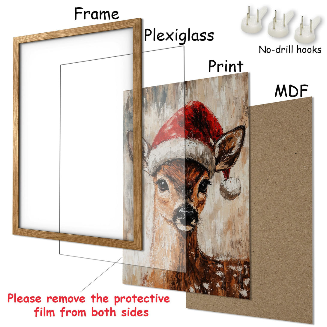 Framed Poster of a deer wearing a Santa hat, painted in a rustic style with a warm, neutral color palette. Ready to hang!