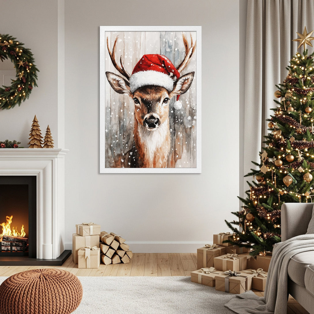 Framed Poster of a watercolor deer wearing a Santa hat. Warm brown, red, and white color palette. Perfect Christmas decor!