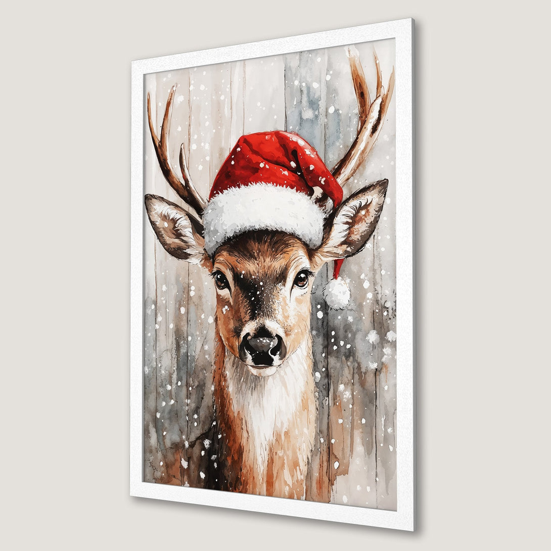 Framed Poster featuring a watercolor deer wearing a Santa hat. Warm, earthy tones with a touch of red and white. Perfect holiday decor!