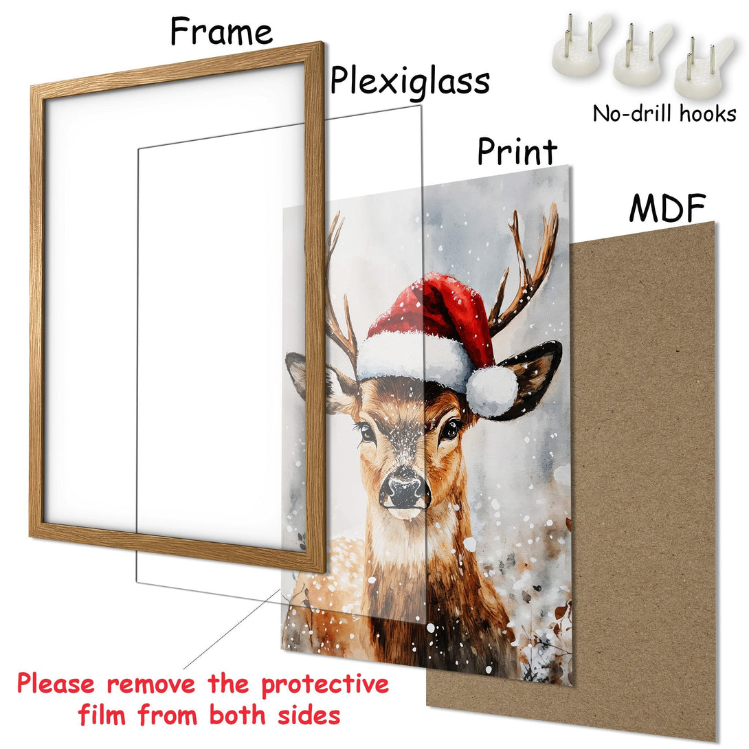 Framed Poster featuring a watercolor deer in a Santa hat, neutral color palette, perfect for holiday decor.