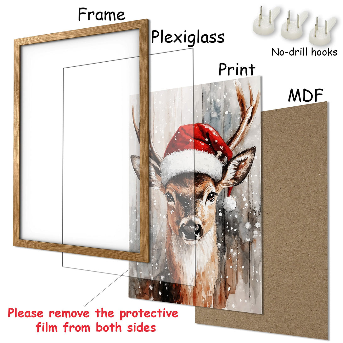 Framed Poster featuring a watercolor deer in a Santa hat, warm brown & grey tones, perfect for holiday decor.