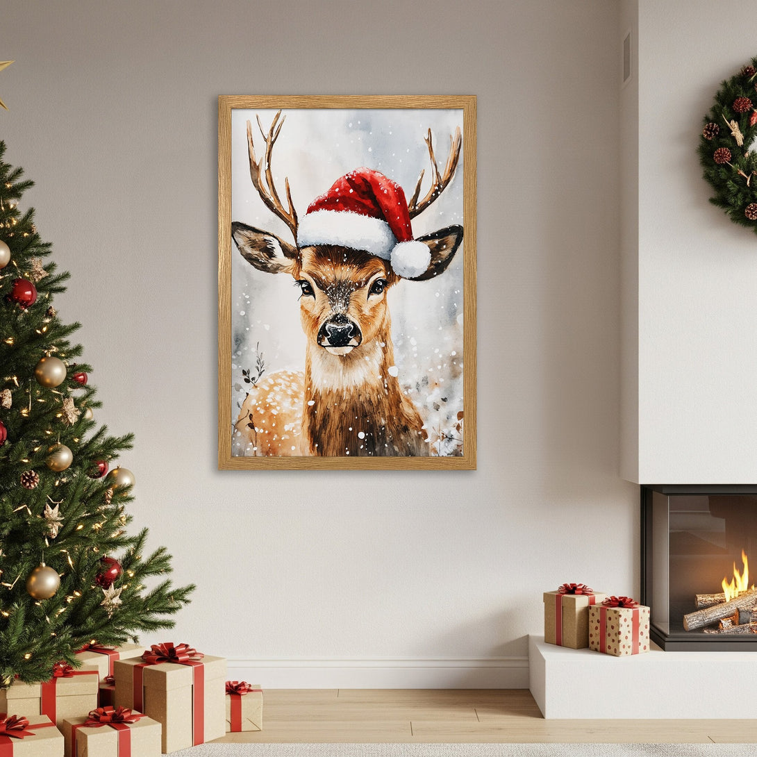 Framed Poster of a watercolor deer wearing a Santa hat. Festive holiday art in warm, neutral tones. Perfect Christmas decor.