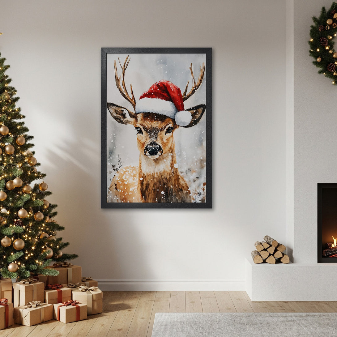 Framed Poster featuring a watercolor deer in a Santa hat. Warm, neutral color palette perfect for Christmas decor. Shop now!