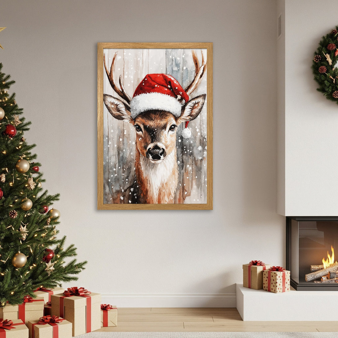Framed Poster featuring a watercolor deer wearing a Santa hat. Festive art with a warm, neutral color palette, perfect for Christmas decor.
