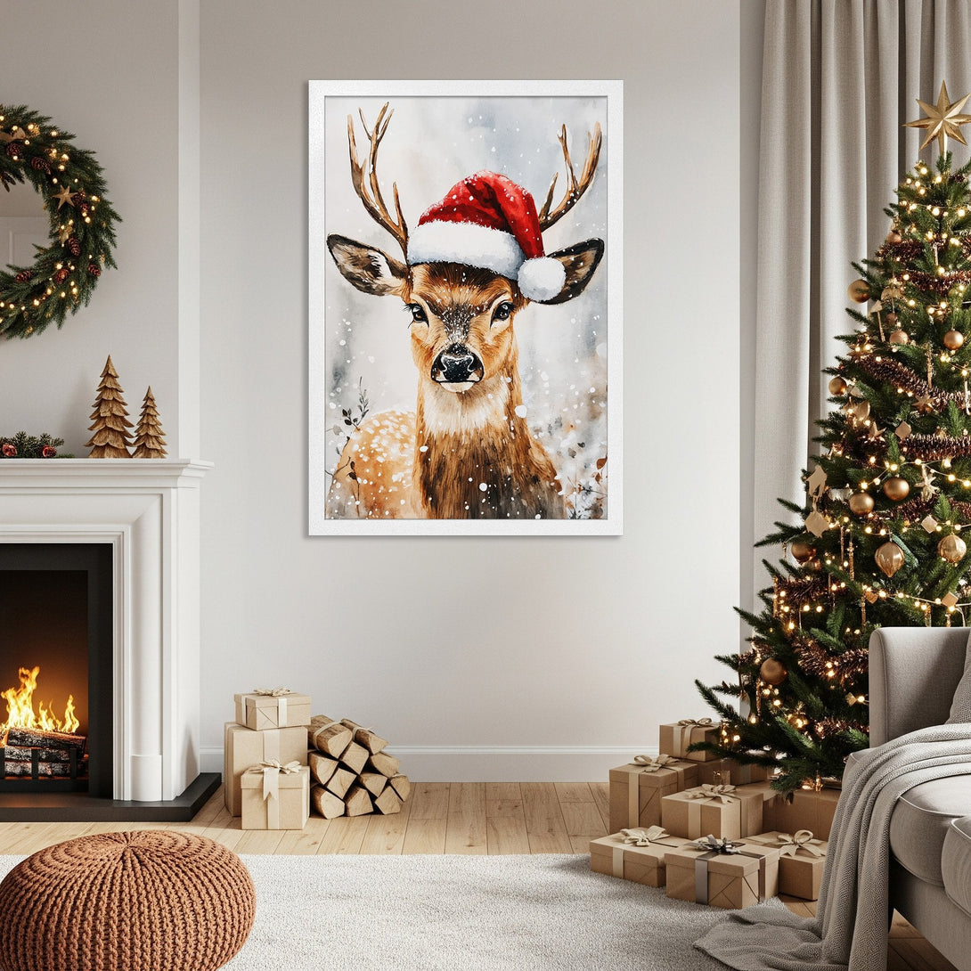 Framed Poster featuring a watercolor deer in a Santa hat. Festive holiday decor in warm brown and red tones. Perfect Christmas gift!