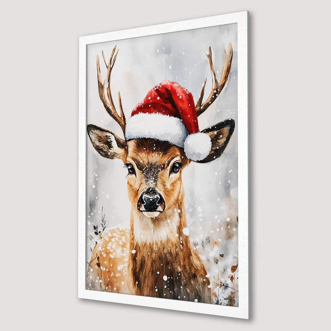 Framed Poster of a watercolor deer wearing a Santa hat. Festive art with a warm brown, red, and white color palette. Perfect Christmas decor!