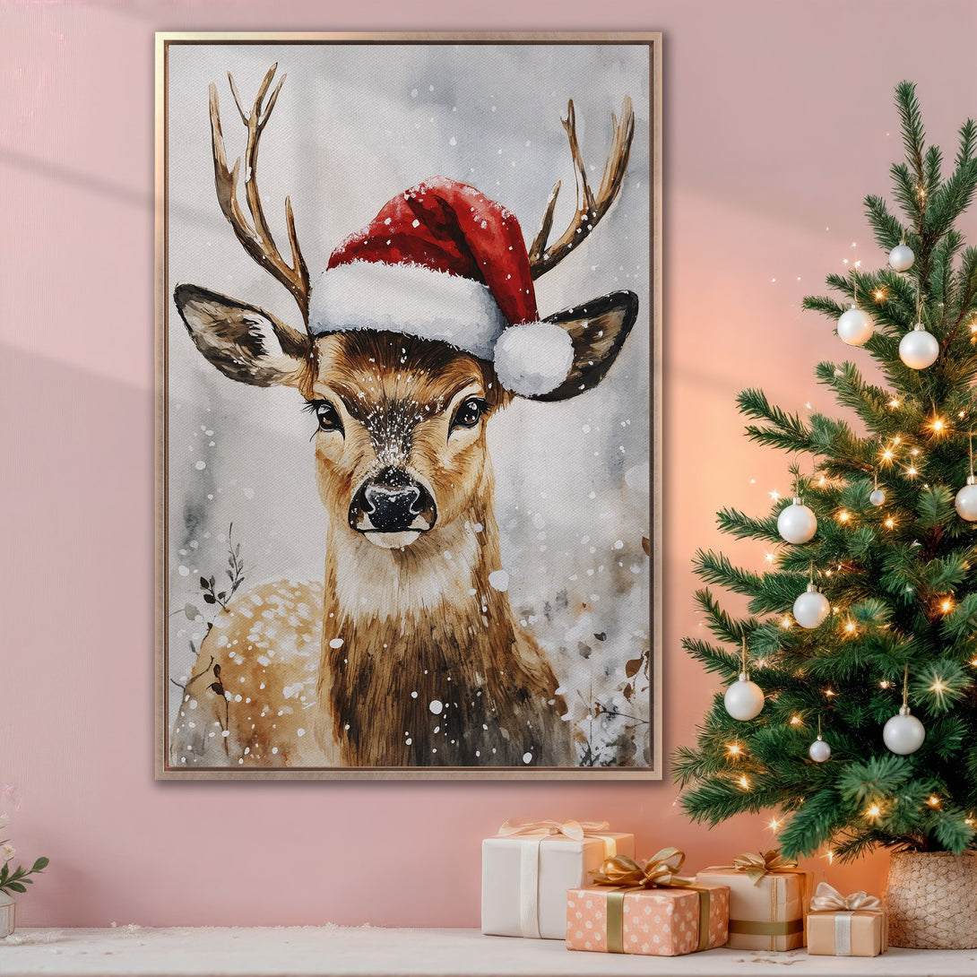 Framed Wall Art: Watercolor deer in Santa hat. Festive winter art with neutral & warm tones. Perfect Christmas decor for a cozy, stylish home.
