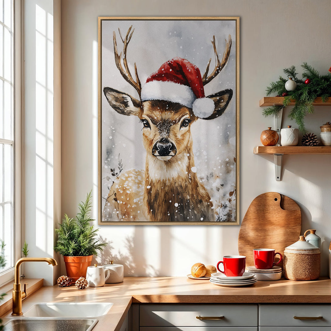 Framed Wall Art: Watercolor deer in Santa hat, winter scene. Warm brown and red palette. Perfect Christmas decor for kitchen or living room.