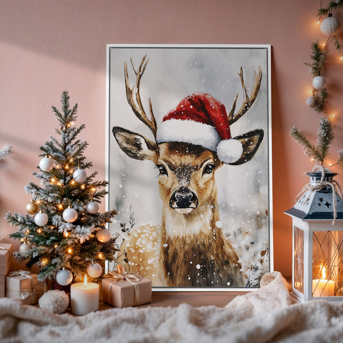 Framed Wall Art: Watercolor deer in Santa hat. Festive holiday decor with warm, neutral color palette. Perfect Christmas gift!