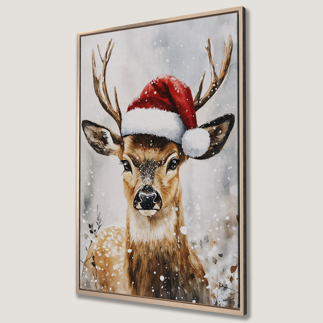 Framed Wall Art: Watercolor deer in Santa hat. Neutral color palette with pops of red. Perfect Christmas decor!